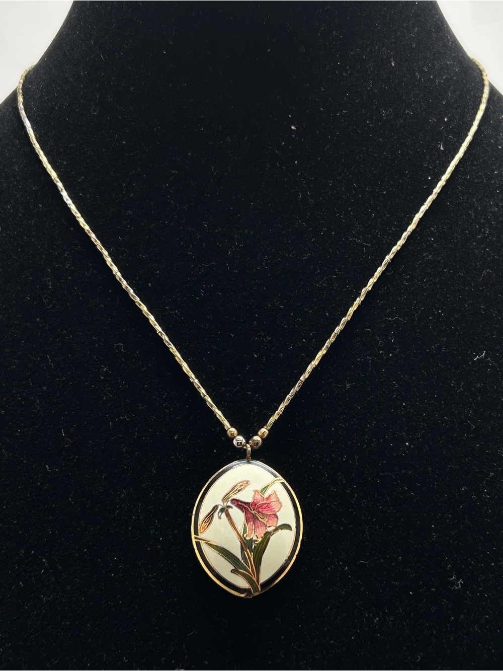 Vintage Cloisonné Double Sided White Pink Green Floral Pendant Necklace